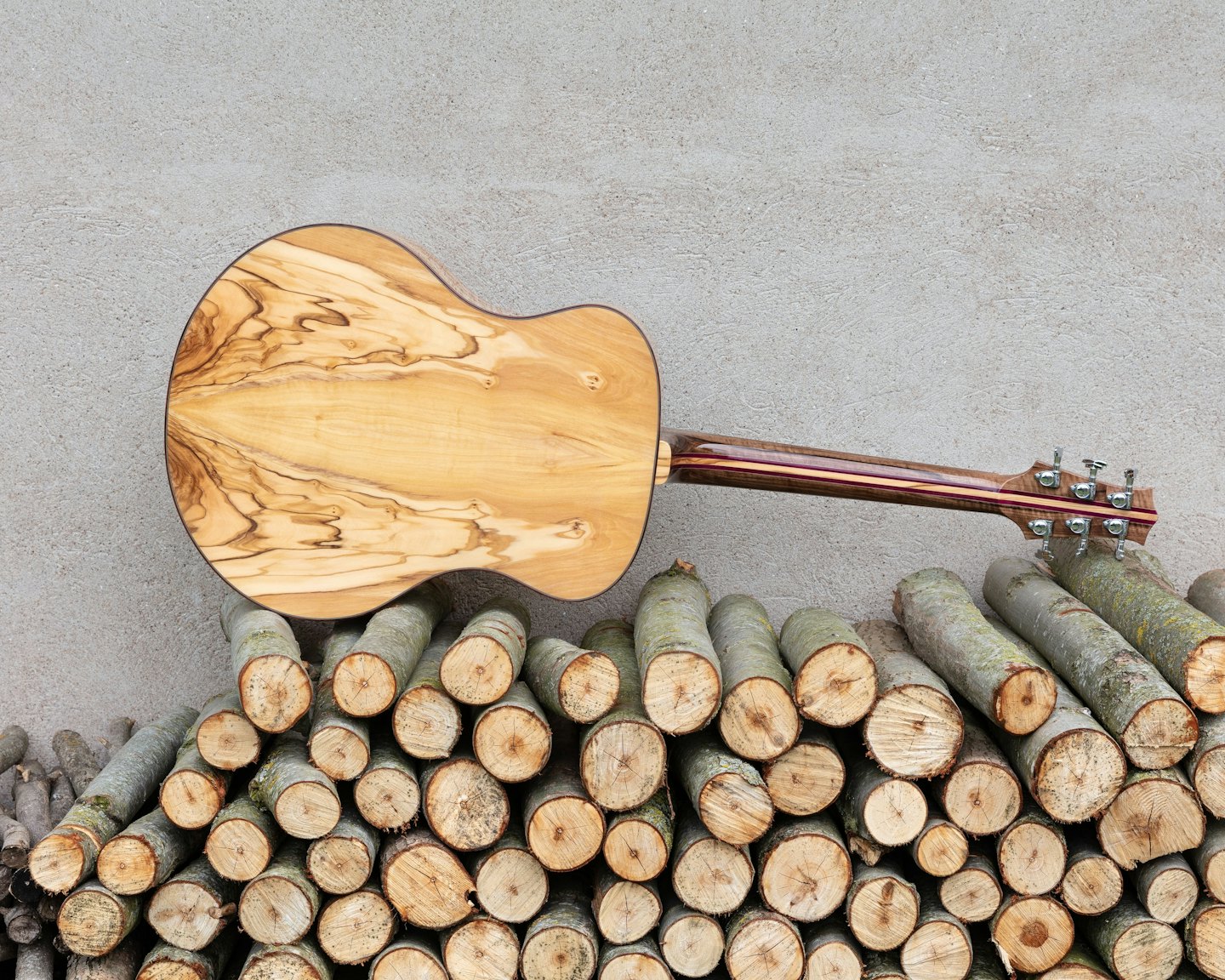 Wooden acoustic guitar resting on a stack of cut logs.